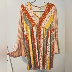 Haptics Fall Stripes Floral Bell Sleeve Dress Size Small